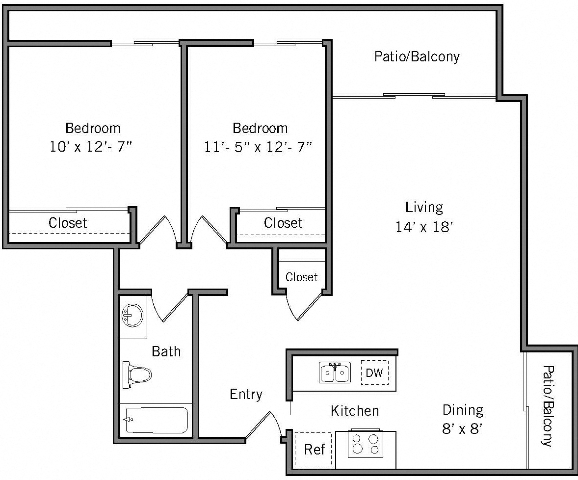 Floor plan for 2 beds, 1 bath, 985 sqft